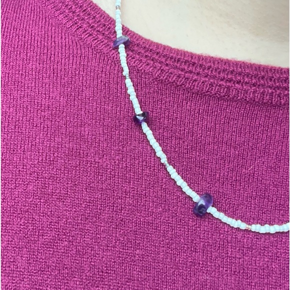 Amethyst Crystal Chip Purple & White Seed Bead Necklace - Picture 8 of 8